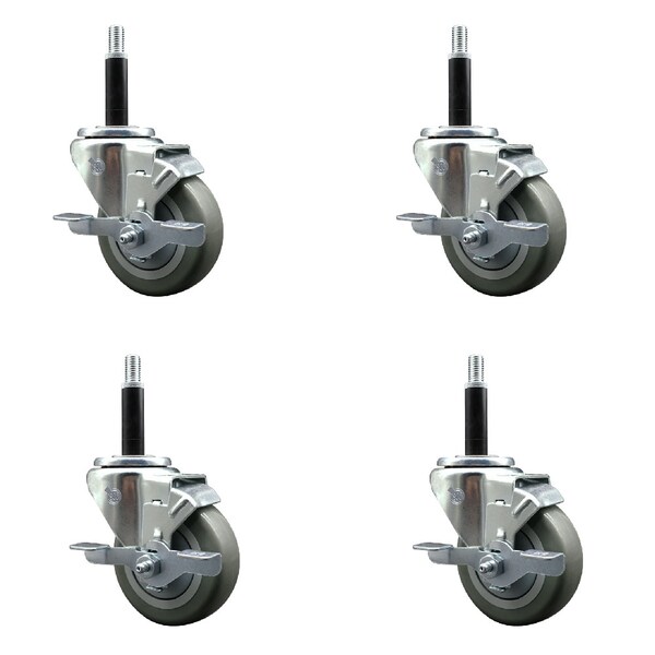 Service Caster 3.5'' SS Gray Poly Swivel 3/4'' Expanding Stem Caster Set with Brake, 4PK SCC-SSEX20S3514-PPUB-TLB-34-4 - main